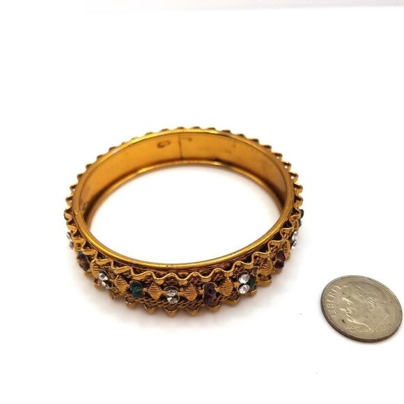 Vintage Gold Tone Rhinestone Bangle Bracelet Clear Red Green Small Size - Picture 5 of 9
